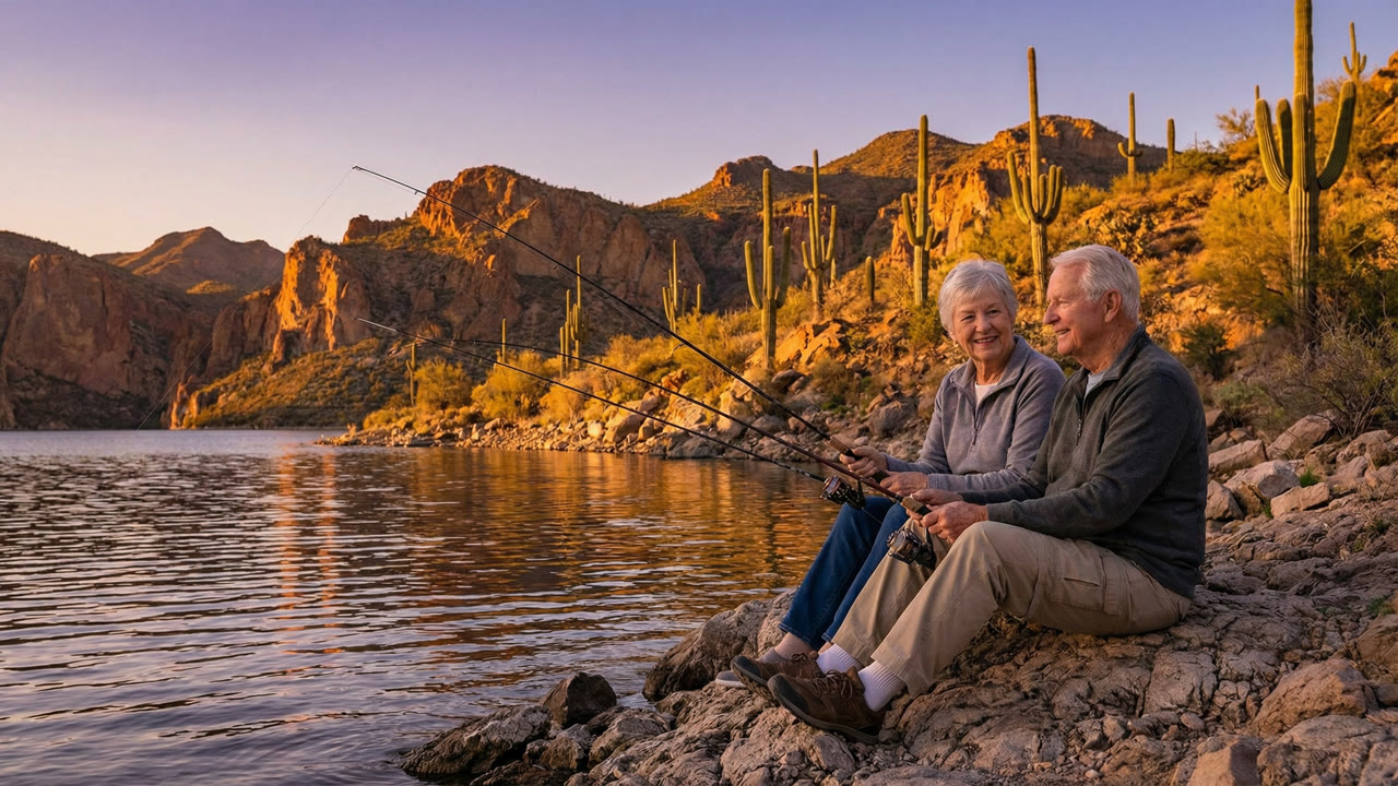 Senior couple fishing together on the shore of Saguaro Lake Arizona in late afternoon desert light with saguaro cactus backdrop