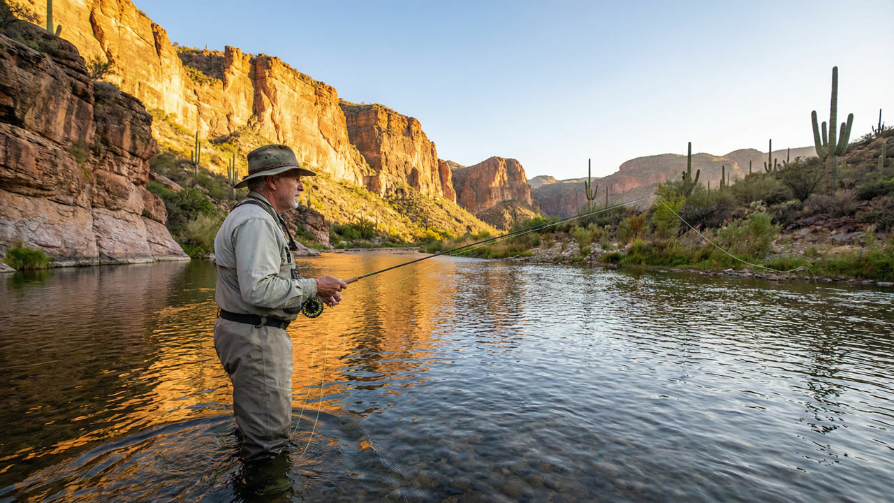 Senior angler fly fishing on the Verde River in Arizona at golden hour, red rock canyon walls and saguaro cacti in background