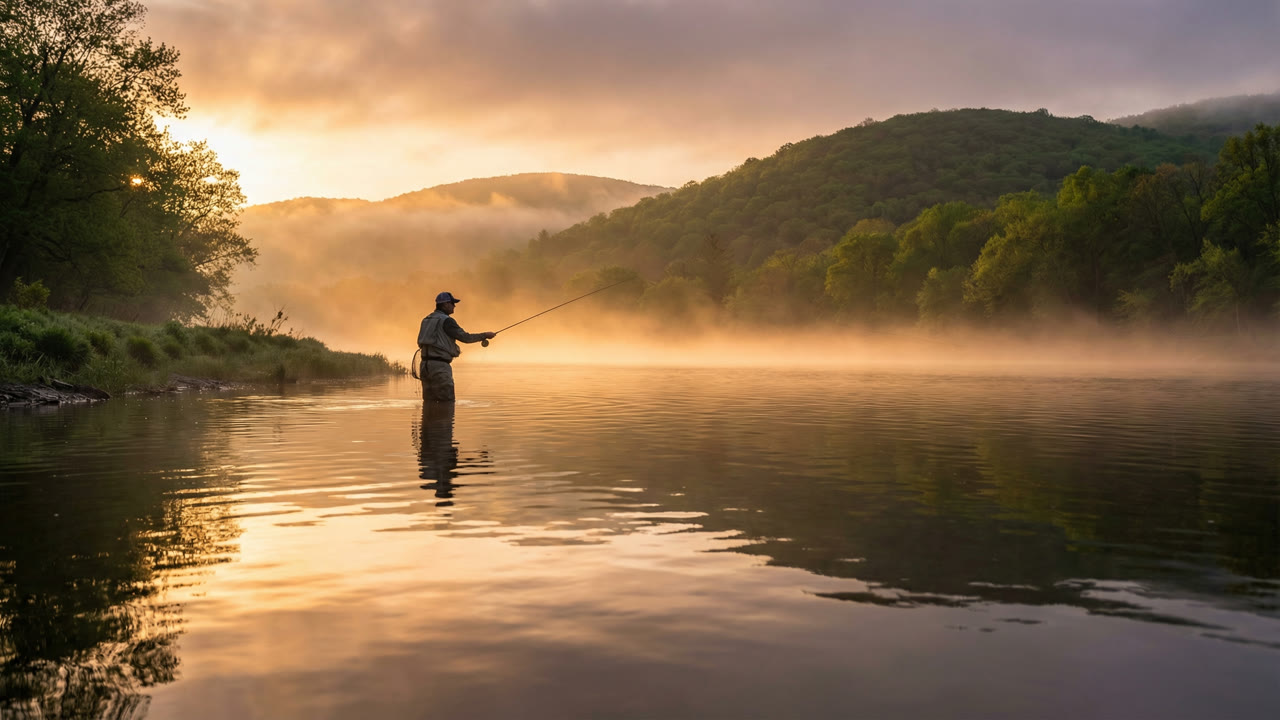 Fly fisherman wading in the Connecticut River at dawn, golden sunrise light and morning mist over New England hills