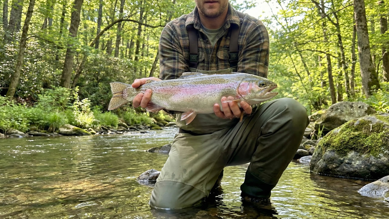 Angler kneeling in a rocky New England stream holding a large rainbow trout, lush green forest, late spring