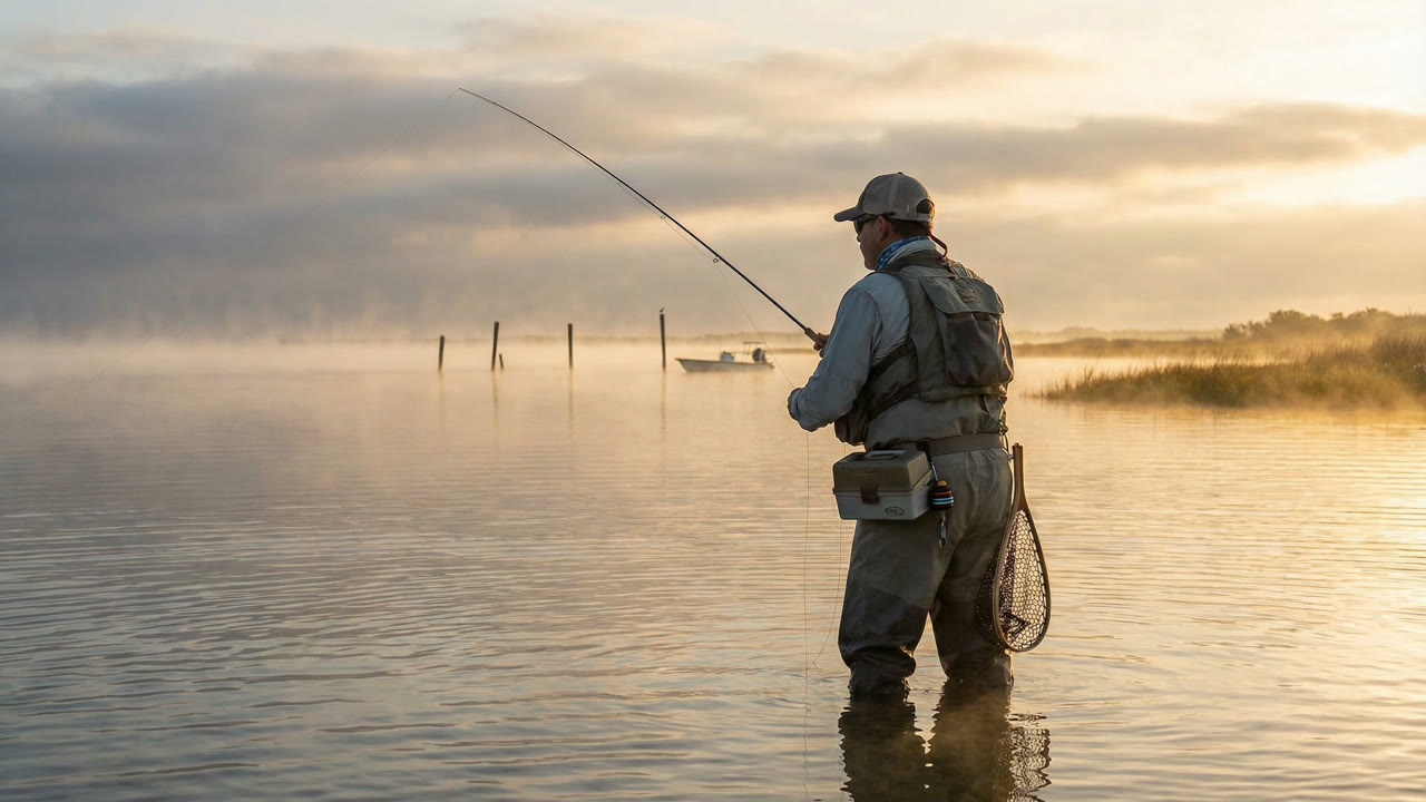 Texas angler wade fishing in coastal saltwater flats at sunrise