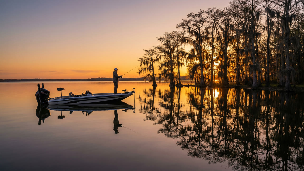 Bass fisherman casting from a bass boat on Lake Fork reservoir in East Texas at golden hour