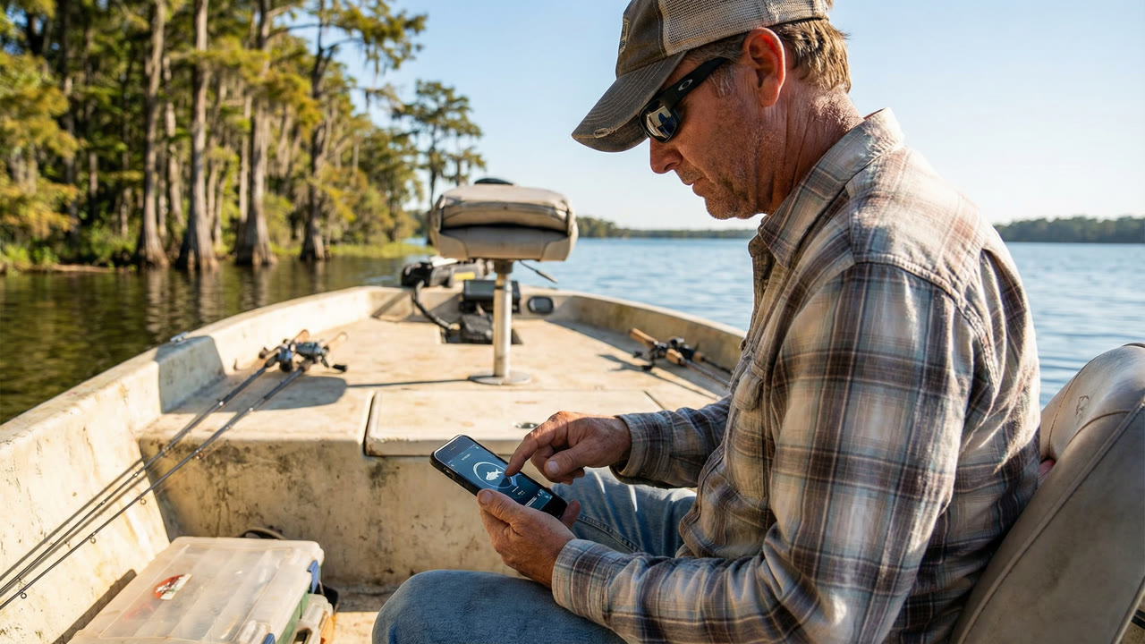 Texas angler checking fishing license on smartphone app while sitting in a fishing boat